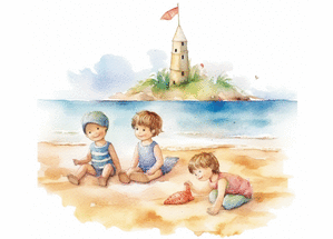 Carte Les enfants sur la plage à l`aquarelle Carte postale de Juillet et d'été