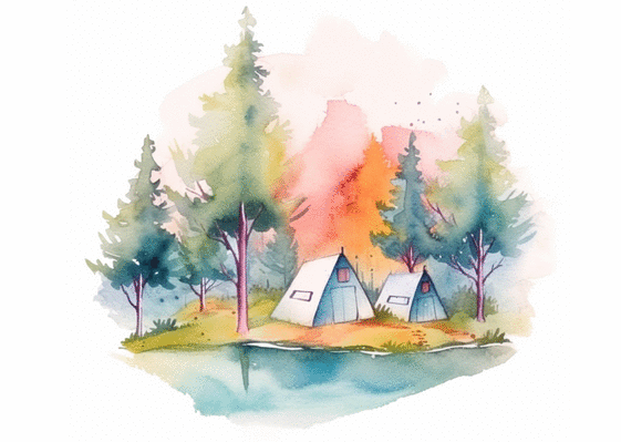 Carte Camping au bord d`un lac à l`aquarelle Carte postale de Juillet et d'été