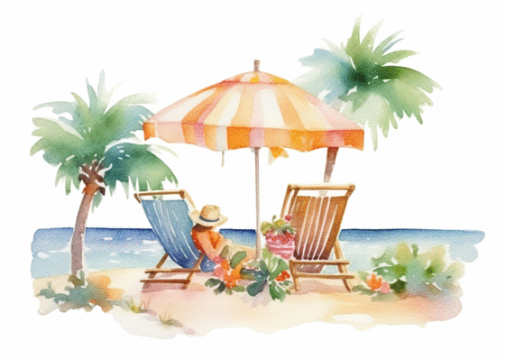 Carte Chaises longues sur la plage à l`aquarelle Carte postale de Juillet et d'été
