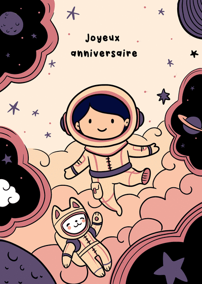 Carte Joyeux anniversaire astronaute et son chat Carte anniversaire enfant