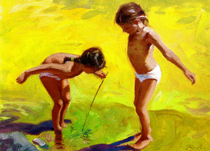 Carte Petites filles jouant dans l`eau Carte postale d'août et vacances