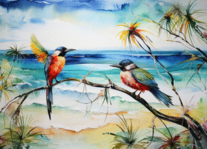 Carte Oiseaux colorés sur une plage Carte postale d'août et vacances