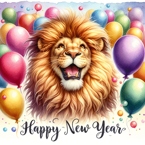 Carte Happy new year du lion Carte de voeux 2024 animaux rigolos