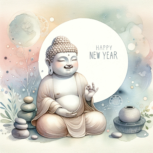 Carte Happy New Year Bouddha Carte bonne année 2024 en plusieurs langues