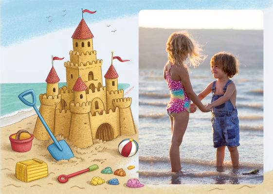 Carte Château de sable et souvenirs d'été Carte postale d'août et vacances