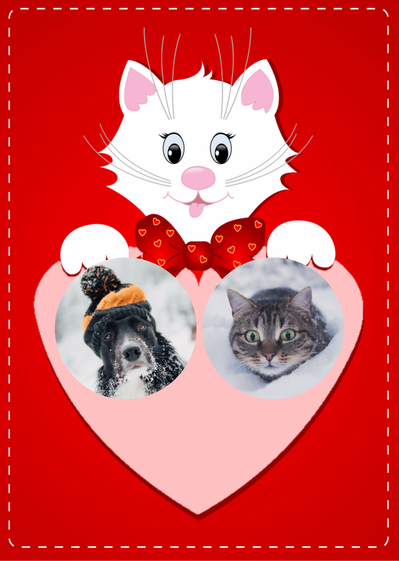 Carte Gros coeur et petit chat blanc Carte Saint Valentin personnalisée