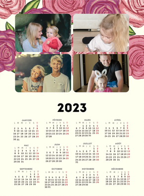 Carte Calendrier 2023 avec des roses Carte calendrier 2023